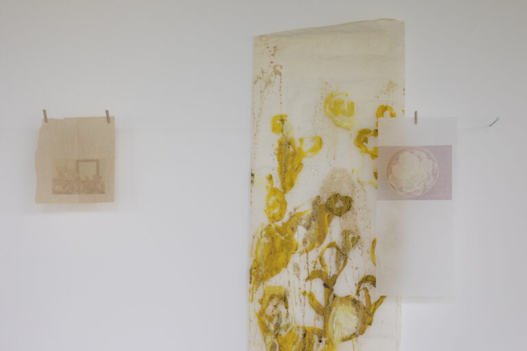 Installation of joint work with Natalie Koski - prints and drawings on baking paper, 2022
